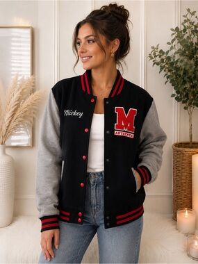 Disney Mickey Mouse Warm Varsity Jacket – Black Grey Red – Unisex